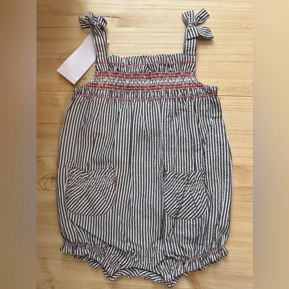 Gymboree Striped Romper 3-6M Baby Girl Smocked Tie Strap Bubble Outfit NWT